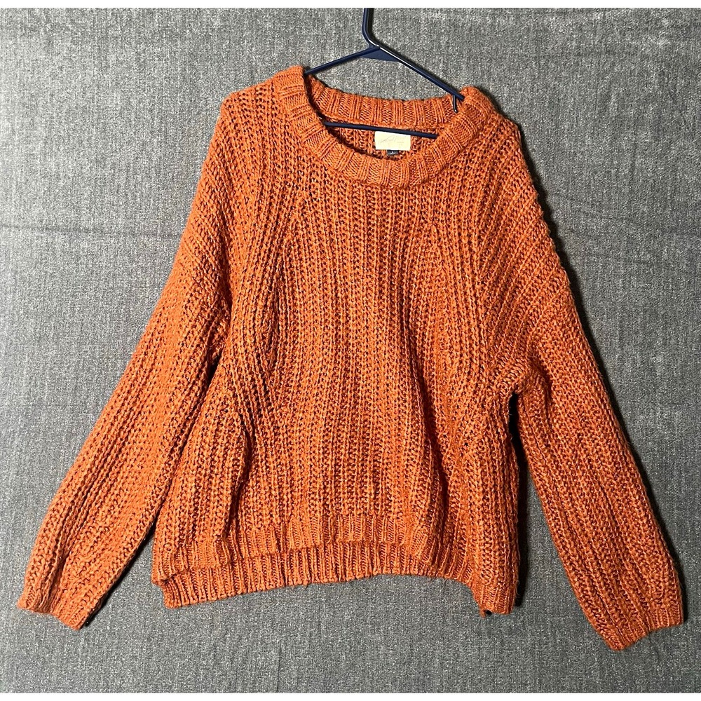 Universal Thread Women's Sweater L Orange Solid Knit Crew Neck Ribbed Pullover